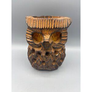 Vtg 70s Hand Carved Wooden Owl Votive Candle Holder Amber Glass Eyes Boho